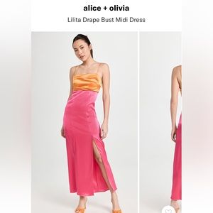 Alice & Olivia Lilita Drape Bust Midi Dress. Pink/orange silk slip. Size 2 NWT